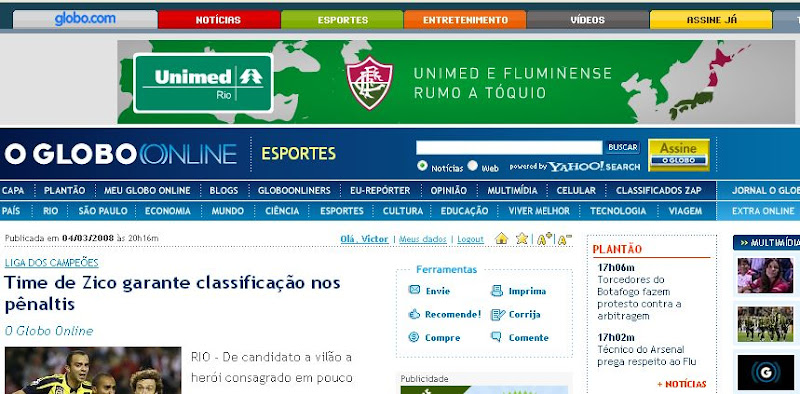Unimed Rio anuncia no Globo On-Line usando o Flu na Libertadores